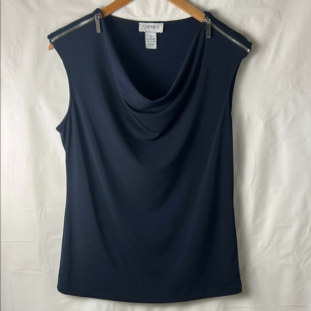 Carmen Marc Valvo Blue Draped Tank Top Blouse size medium classy business casual